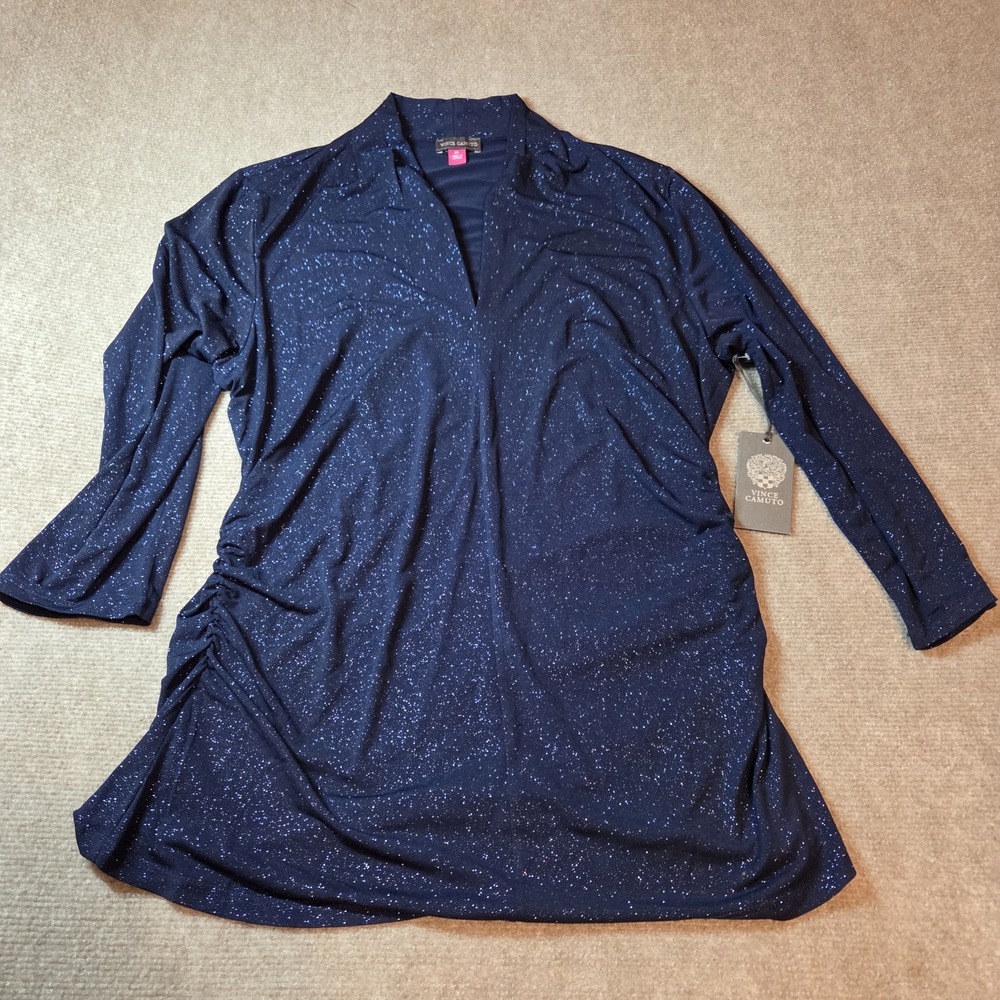 Vince Camuto Navy Blue Glitter Knit Ruched V-Neck Tunic Top XL NWT